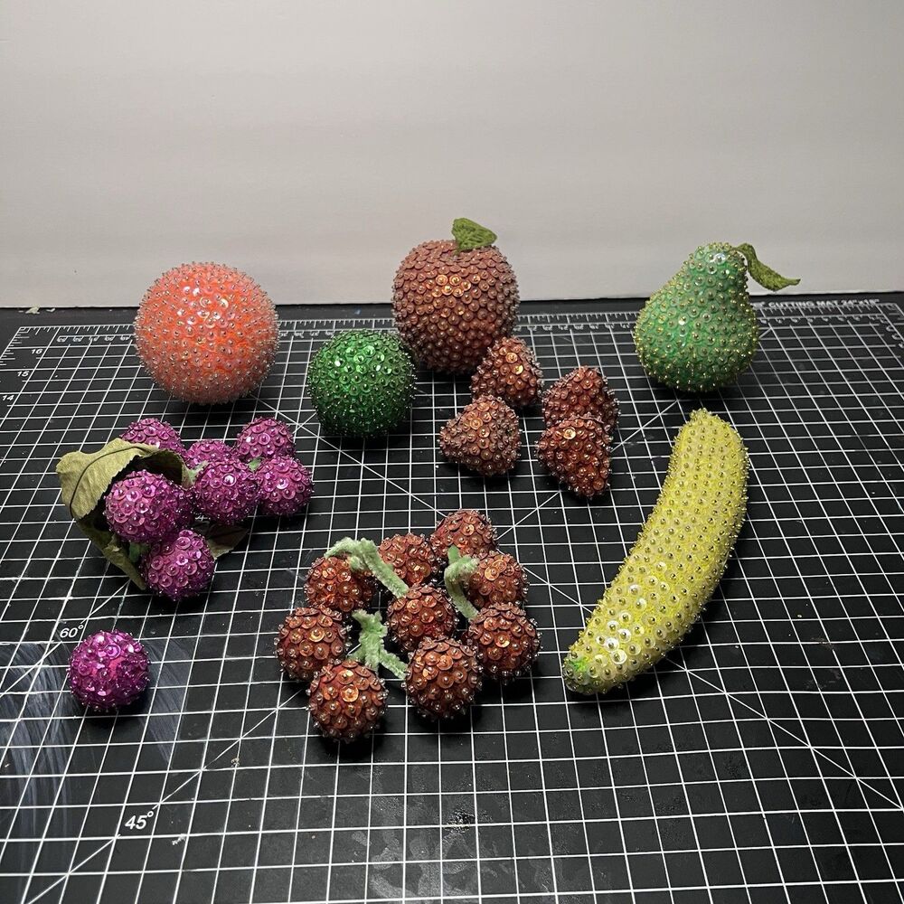 Lot of 8 Vtg Sequined Beaded Faux Fruit Orange Apple Banana Berries Etc